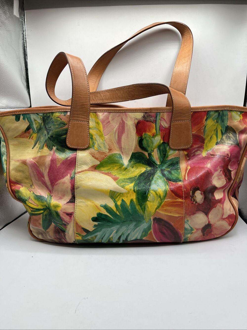 MAURIZIO TAIUTI Genuine Leather Large Floral Watercolor Tote Bag Made in Italy